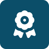 White award ribbon icon on blue background.