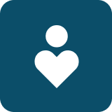 Simple white icon of a person with a heart-shaped torso on a blue background.