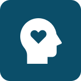 Silhouette of a head with a heart symbol inside on blue background.